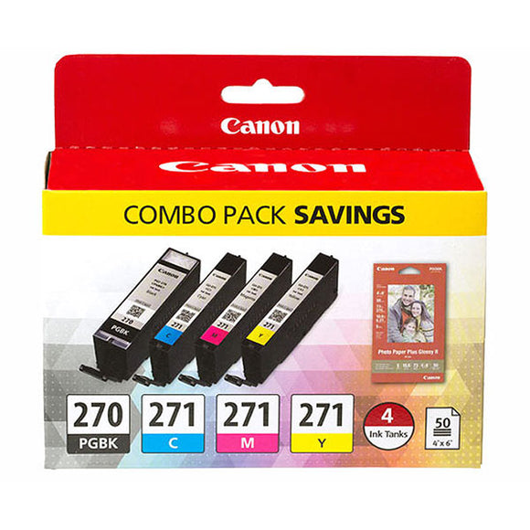 Canon 0373C005 (PGI-270/CLI-271) 4-Color (BK/CMY) Ink Cartridge + Photo Paper Combo Pack (Includes 50 Sheets of 4
