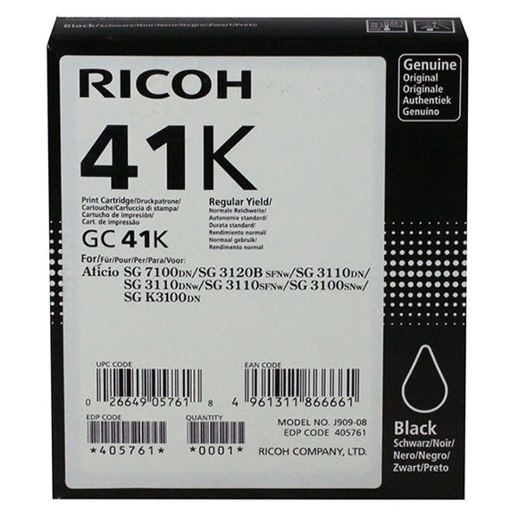 Ricoh 405761 Black Ink Cartridge (2,500 Yield) (Type GC41K)