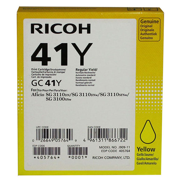 Ricoh 405764 Yellow Ink Cartridge (2,200 Yield) (Type GC41Y)